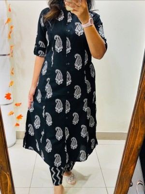 Black Paisley Block Printed Cotton Salwar Kameez Kurti Pant A-line Co Ord Set for Women