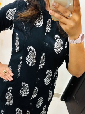 Black Paisley Block Printed Cotton Salwar Kameez Kurti Pant A-line Co Ord Set for Women
