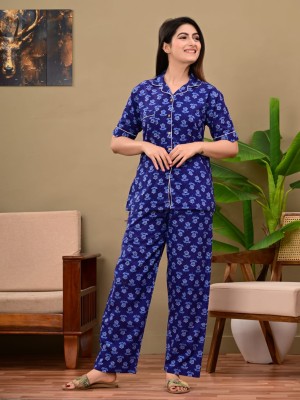 Ashnoor Blue Floral Printed PJ Pyjama Night Co Ord Set Lounge Wear Nighty Suit Dress for Night for Women