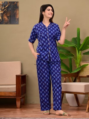 Ashnoor Blue Floral Printed PJ Pyjama Night Co Ord Set Lounge Wear Nighty Suit Dress for Night for Women