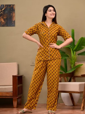 Orange Ashnoor Floral Printed PJ Pyjama Night Co Ord Set Lounge Wear Nighty Suit Dress for Night for Women