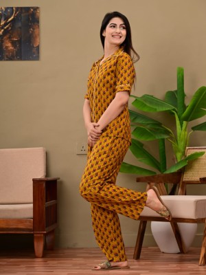 Orange Ashnoor Floral Printed PJ Pyjama Night Co Ord Set Lounge Wear Nighty Suit Dress for Night for Women