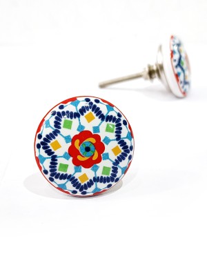 Bohemian Style Vintage Multicolored Hand Painted Ceramic Knob Set of 2 for Cupboard, Dresser & Cabinets