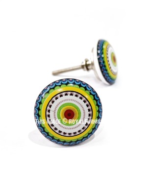 Bohemian Style Vintage Multicolored Hand Painted Ceramic Knob Set of 2 for Cupboard, Dresser & Cabinets