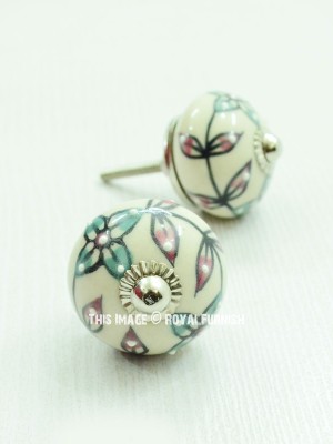 Handmade Mixed Round Colorful Shabby Chic Indian Traditional Decorative Ceramic Knobs, Set of 2
