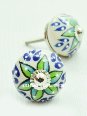 Handmade Mixed Round Colorful Shabby Chic Indian Traditional Decorative Ceramic Knobs, Set of 2