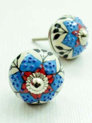 Handmade Mixed Round Colorful Shabby Chic Indian Traditional Decorative Ceramic Knobs, Set of 2