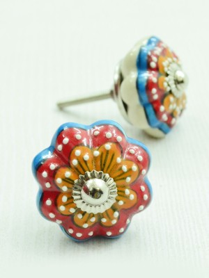 Multi Colorful Flower Hand Painted Decorative Indian Ceramic Drawer Knobs, Set of 2