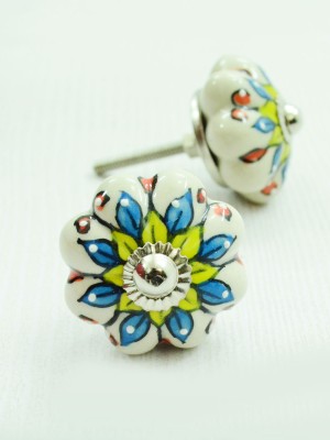 Multi Colorful Flower Hand Painted Decorative Indian Ceramic Drawer Knobs, Set of 2
