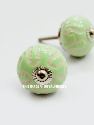 Green Shabby Chic Decorative Indian Glossy Ceramic Cabinet Knob Set of Two