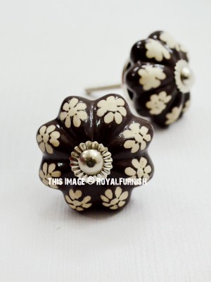 Brown Flower Decorative Glossy Ceramic Cabinet Knob Dresser Drawer Pull Set of Two