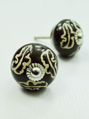 Brown Flower Decorative Glossy Ceramic Cabinet Knob Dresser Drawer Pull Set of Two