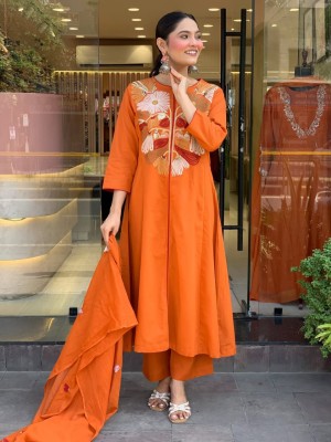 Mahek Orange Aline Anarkali Cotton Embroidered Indian Traditional Salwar Kameez Set for Women