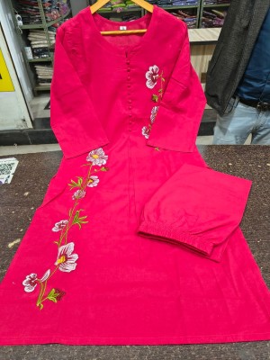 Red Cotton Embroidered Straight Salwar Kameez Suit Dress Kurti Pant Co Ord Set