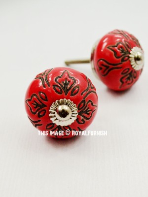 Red Hand Carved Flower Decorative Boho Ceramic Drawers Cabinet Knobs Set of 2