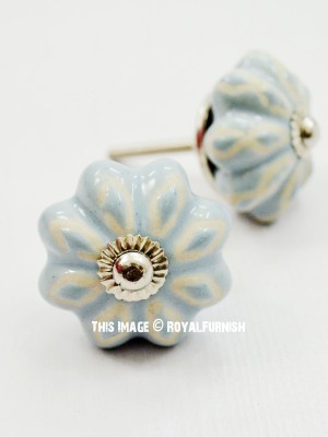 Light Grey Carved Floral Shabby Chic Ceramic Cupboard Drawer Knobs Set of 2