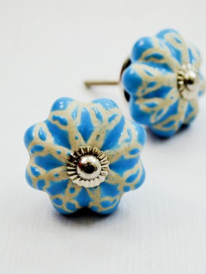 Blue Boho Flower Carved Decorative Ceramic Drawer Cabinet Knob Set of 2
