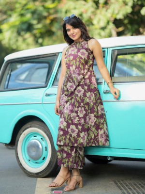 Purple Floral Printed Sleeveless Cotton Salwar Kameez Kurti Pant A-line Suit for Women