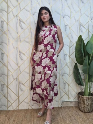 Maroon Floral Printed Sleeveless Cotton Salwar Kameez Kurti Pant A-line Suit for Women