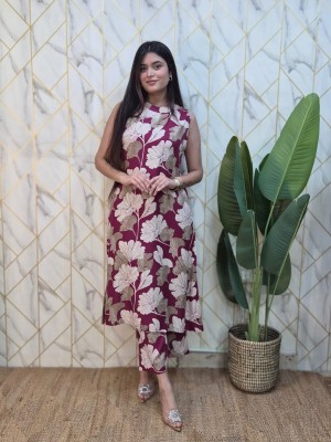Maroon Floral Printed Sleeveless Cotton Salwar Kameez Kurti Pant A-line Suit for Women