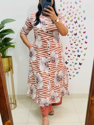 White Zigzag Floral Printed Indian A-Line Cotton Salwar Kameez Kurti Pant Co Ord Set for Women Set of 2