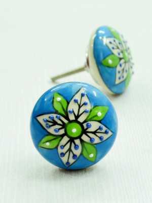 Boho Round Multi Colorful Hand Painted Decorative Indian Ceramic Drawer Knobs, Set of 2