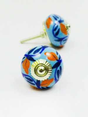 Boho Indian Hand Painted Decorative Round Ceramic Drawer Knob Set of 2