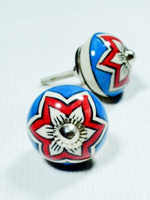 Boho Indian Hand Painted Decorative Round Ceramic Drawer Knob Set of 2