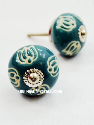Shabby Chic Teal Color Carved Ceramic Cupboard Drawer Knobs Set of 2