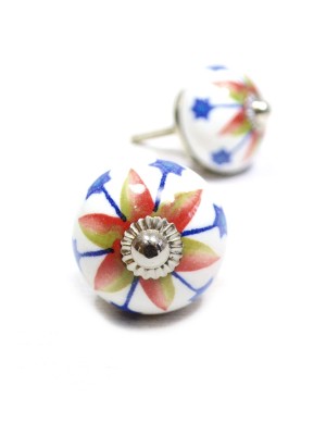 White Multi Boho Hand Painted Decorative Round Ceramic Drawer Knob Set of 2