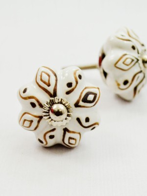 White Vintage Shabby Chic Hand Carved Flower Ceramic Cabinet Knob Set of Two
