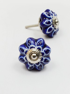 Stunning Indigo Blue & White Hand Painted Ceramic Drawer Knob Set of 2