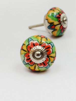 Beautiful Boho Multicolored Hand Painted Round Ceramic Cabinet Knobs, Set of 2