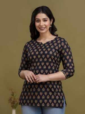 Black Printed Top Cotton Short Kurti Tunic for Women