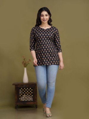 Black Printed Top Cotton Short Kurti Tunic for Women