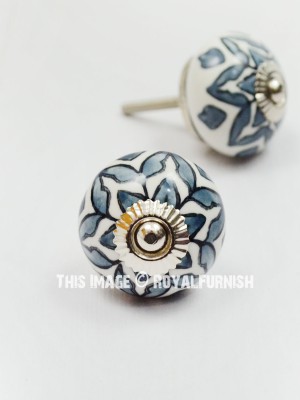 Vintage Bohemian Mixed Hand Painted Round Ceramic Cabinet Knob Set of Two