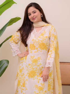 Yellow White Printed Indian Cotton Summer Shalwar Kameez Kurti Pant Dupatta Set for Women (Set of 2)