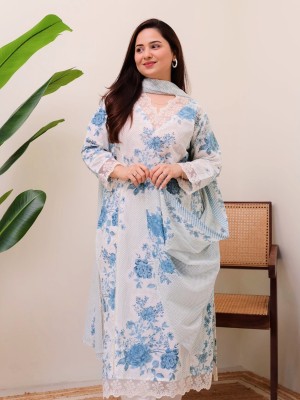 Blue White Printed Indian Cotton Summer Shalwar Kameez Kurti Pant Dupatta Set for Women (Set of 2)