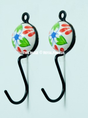Stylish Floral Decorative Ceramic Key Holder with Iron Wall Hook Set of 2