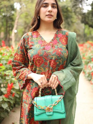 Kusum Green Maroon Floral Print Indian Straight Salwar Kameez Kurti Pant Dupatta Set