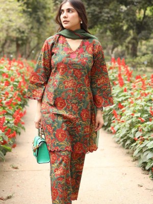 Kusum Green Maroon Floral Print Indian Straight Salwar Kameez Kurti Pant Dupatta Set