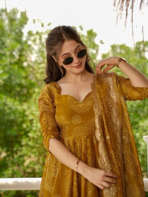 Mustard Yellow Bandhani Printed Anarkali Kurta Pant Dupatta Set Indian Cotton Partywear Salwar Kameez Set