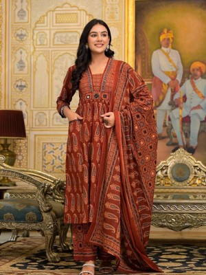 Red Floral Motifs Printed Kurta Pant Dupatta Set Cotton Ethnic Salwar Kameez Set