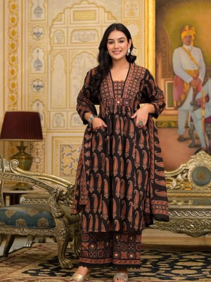 Black Floral Motifs Printed Kurta Pant Dupatta Set Cotton Ethnic Salwar Kameez Set