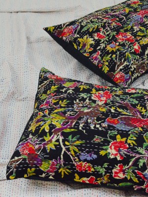 Colorful Boho Bird Paradise Standard Size Indian Kantha Pillow Sham Cover Set of Two