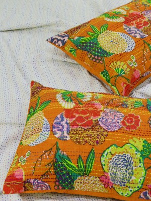 Multi Tropicana Bohemian Kantha Quilted Standard Size Pillow Cover Set of Two