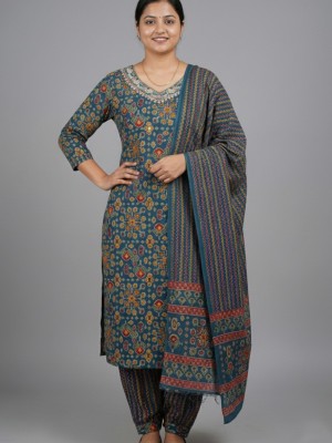 Yufta Teal Blue Floral Print Straight Kurti Patiala Pant Dupatta Set Elegant Salwar Kameez for Women - Set of 3