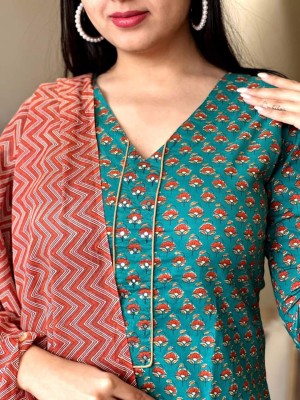 Teal Beautiful Ethnic Printed Cotton Kurti Pant Dupatta Salwar Kameez For Women - Set Of 3