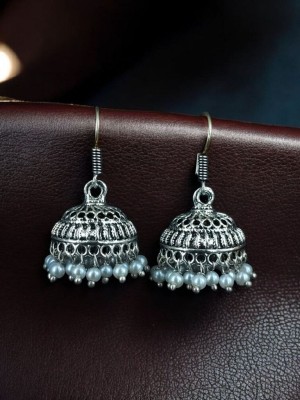 Traditional Jhumki Hook Silver Oxidized Earrings Jhumka with Pearl Beads Drop