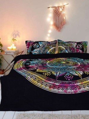 Black Multi Tie Dye Hippie Mandala Duvet Covers with Set of Two Pillow Shams